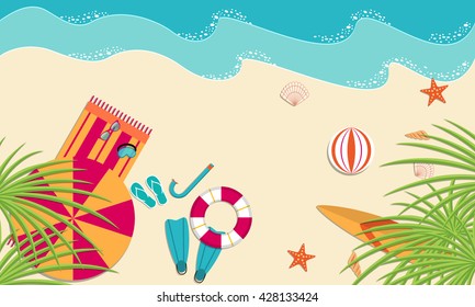 Tropical beach and beach accessories. Set of vector illustrations of palm tree, umbrella, mat, flippers, goggles, seashells on the seashore.