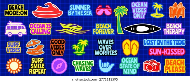 Tropical Beach Adventure Icon Set, Vintage Summer Beach Travel Flat Vector Illustrations with Jet Ski, Surfing, Kayaking, and Quotes for T-Shirt Prints, Posters, Stickers, Bold Graphics