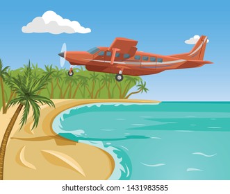 Tropical beach with airplane vector illustration. Summer seascape picture. Sea coastline background. Plane landing on tropical island