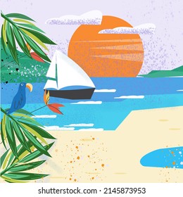 Fondo tropical de playa con plantas exóticas y costa del mar. Costa oceánica con palmeras y paisaje montañoso, ilustración vectorial plana.
