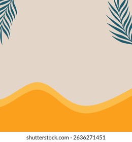 Tropical beach background featuring palm leaves and yellow wave shapes. Ideal for summer, vacation, travel, and holiday designs.