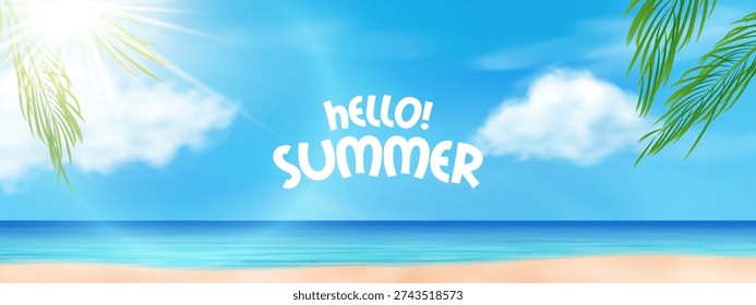 Fondo de playa tropical con gráficos de Anuncio de texto de verano hola. Anuncio de texto de verano hola para viajes de temporada y uso de diseño de vacaciones.