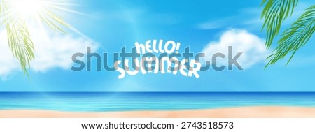 Tropical beach background with hello summer text banner graphics. hello summer text banner for seasonal travel and vacation design use.