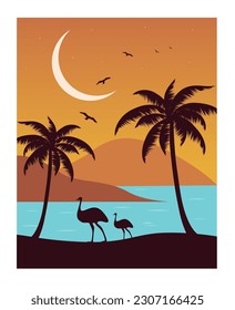 Tropischer Strandhintergrund mit Straußen. Vektorgrafik