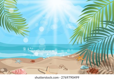 Tropical beach background with palm leaves, seashells and ocean. Bright tropical beach illustration with palm leaves framing a sandy shore, seashells and starfish, and a calm blue ocean under sunlight. Perfect for summer design, travel banners, vacation ads, wallpapers, and seasonal backgrounds. Clean vector style with soft gradients and copy space.