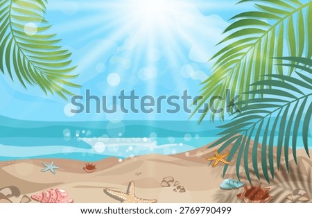Tropical beach background with palm leaves, seashells and ocean. Bright tropical beach illustration with palm leaves framing a sandy shore, seashells and starfish, and a calm blue ocean under sunlight. Perfect for summer design, travel banners, vacation ads, wallpapers, and seasonal backgrounds. Clean vector style with soft gradients and copy space.