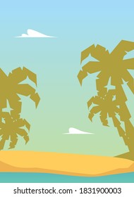 Fondo tropical de playa con palmeras e ilustraciones vectoriales planas de arena a orillas del mar. Paisaje paisajístico de verano con línea de agua oceánica para temas de viaje.