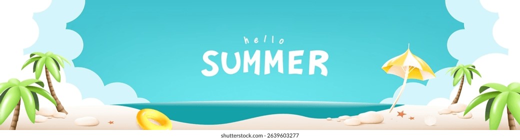 Tropical beach background with palm trees, sun umbrella, and ocean view under clear sky. Ideal for summer vacation and holiday themes.