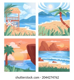 El entorno tropical de la playa. Paisaje en verano, hermosa costa marina o oceánica. Naturaleza soleada y bellas vistas. Ilustración vectorial en estilo de caricatura