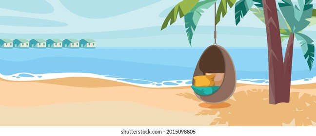 Tropical beach background as summer landscape with beach swing or hammock and white sand and calm sea for beach banner. Perfect beach scene vacation and summer holiday concept. 