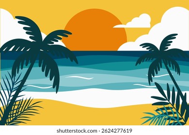 Tropical beach background for summer and vacation concepts. Retro style, graphics, flat design. For posters, invitations, promotional brochures.