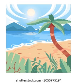 Tropical beach background. Summertime landscape, beautiful sea or ocean coast. Sunny nature and beautiful view. Vector illustration in cartoon style