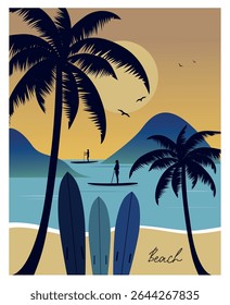 Tropical beach background with sup boards. Vector illustration