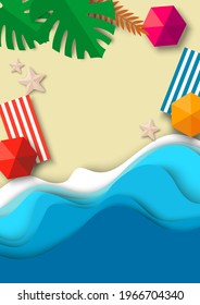 Tropical beach background, top view vector illustration. Paper cut craft style ocean waves, sun umbrellas, starfish on sand. Summer vacation, travel.