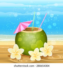 Tropical beach bar and exotic cocktail and tropic flowers. 