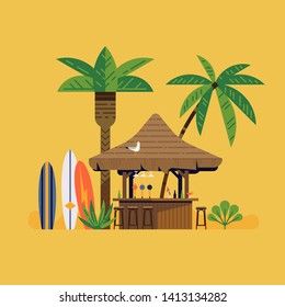 Tropical beach bar flat vector illustration. Beachfront surf resort concept design with cocktail bar, surf boards and palm trees Tropical beach bar flat vector illustration. Beachfront surf resort concept design with cocktail bar, surf boards and palm trees