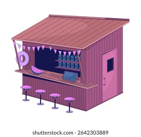 Tropical bar praia cabana 2D desenho animado objeto. Suporte de verão. Acolhedor quiosque de madeira à beira-mar com banquinhos, bandeiras de bunting, telhado inclinado isolado elemento plano vetor clip art no branco. Ilustração pontual
