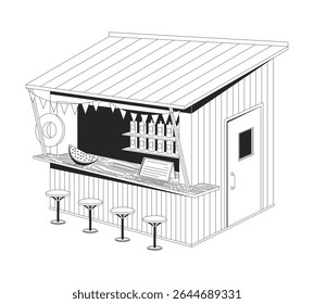 Tropical beach bar hut 2D line object. Summer vibe stand. Cozy beachside wooden kiosk with stools, bunting flags, slanted roof isolated clipart vector ink outline item. Monochrome spot illustration