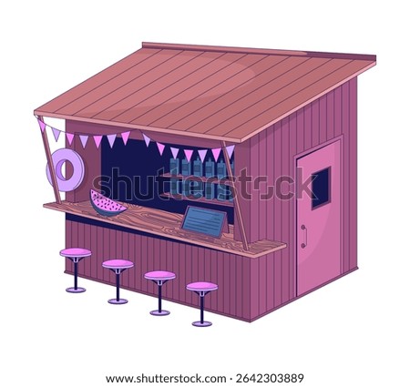 Tropical beach bar hut 2D cartoon object. Summer vibe stand. Cozy beachside wooden kiosk with stools, bunting flags, slanted roof isolated element flat vector clip art on white. Spot illustration