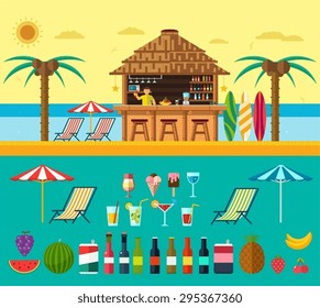 Tropical beach with a bar on the beach, summer vacation on the warm sand with clear water. Set of exotic drinks and fruits