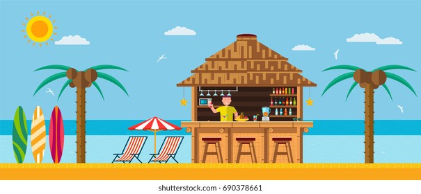 Tropical beach with a bar on the beach, summer vacation on the w