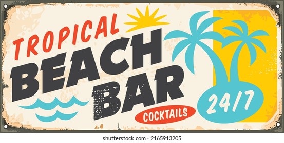 Tropical beach bar retro advertising sign design. Vector illustration with palm trees, sun shape and ocean waves. 