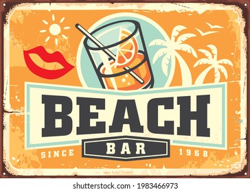 Tropical beach bar sign board design template with cocktail, palm trees, and creative lettering. Retro poster idea for summer vacation paradise destinations. Beach cafe vector advertisement.