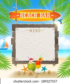 Tropical beach bar  - signboard surfboard and paper banner for menu - summer holidays vector design