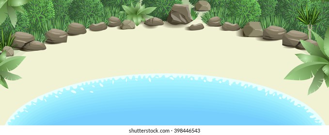 Tropical beach with a bay surrounded by various plants