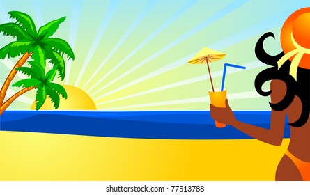 Tropical beach with beautiful girl, vector
