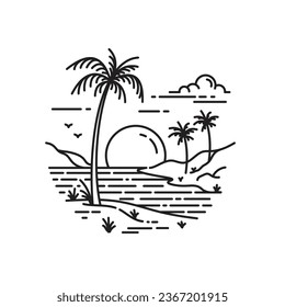 tropical beach with beautiful view at sunset line art style. vector illustration