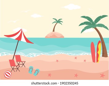 Tropical beach with bench, umbrella, sandals, and surf board. Summer vector concept