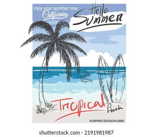 Tropical beach with black palm tree vector t-shirt design. summer vibes artwork design.