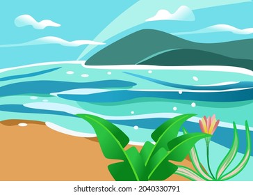 Tropical beach with blue and fresh wave,  island, tree, flower, and foliage vector. Holiday wave paradise concept