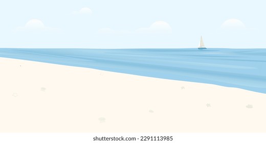 Tropical beach with blue sea and clear sky have yacth and at skyline vector illustration. Seascape and blue sky flat design background.