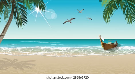 Tropical beach with boat and palms