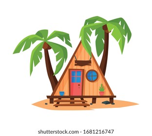 Tropical Beach Bungalow on Coast of Sea or Ocean, Summer Seaside Vacation Wooden Cabin and Palm Trees Vector Illustration