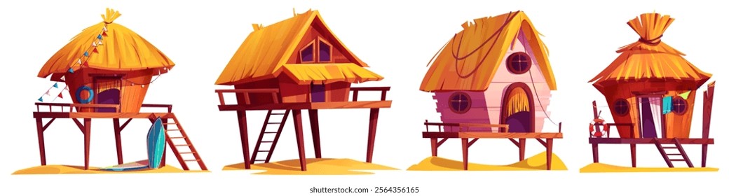 Tropical beach bungalow set - thatched roof stilt houses with wooden platforms and ladders. Summer coastal dwellings with surfboards, colorful flags, round windows for seaside resort design.