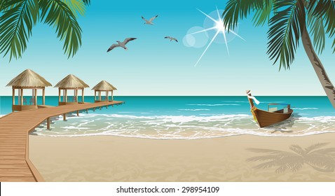 Tropical beach with bungalows and boat