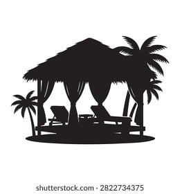 Tropical beach cabana silhouette featuring thatched roof and palm trees framing lounge chairs. Perfect vacation resort aesthetic for summer holiday themes. Detailed vector graphic ideal for travel marketing leisure activities lifestyle content and creative tropical paradise design projects.
