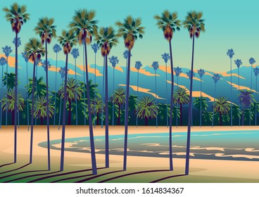 A Tropical Beach In California With Palm Trees, Ocean, And Mountains In The Background. Handmade Drawing Vector Illustration.