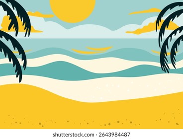 Tropical beach with calm ocean waves and palm tree leaves. Summer paradise landscape for travel advertisement and holiday concept.