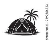 Tropical Beach Camping Silhouette Vector Tent and Palm Tree Icon