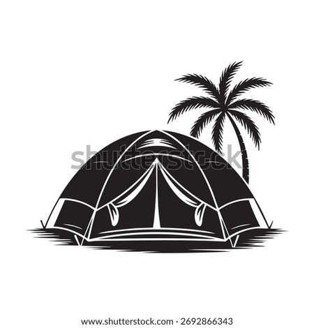 Tropical Beach Camping Silhouette Vector Tent and Palm Tree Icon