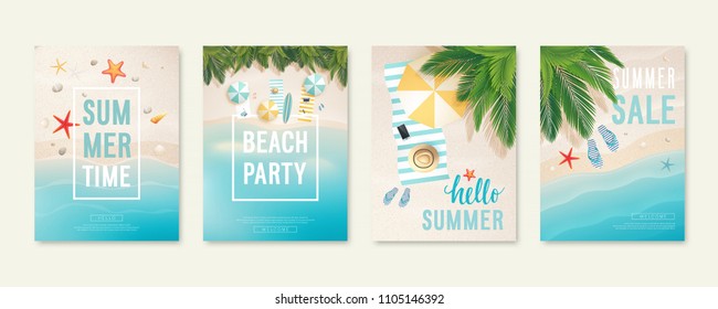 Tropical beach cards with sand, sea and palm trees. Summer flyers with starfish, flip flops and beach umbrellas. Summer time and summer sale posters. Vector illustration.
