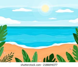 tropical beach cartoon panorama. Sunny day. Summer vacation on the sandy coast. Universal background packaging and postcard. Vector illustration, flat