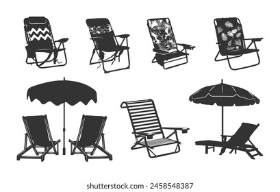 Tropical beach chair silhouette,  Beach chair silhouette,  Summer beach chair silhouette, Beach chair vector illustration