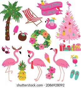 Tropical Beach Christmas Vector Illustration Set