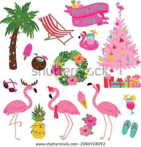 Tropical Beach Christmas Vector Illustration Set