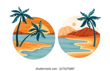 Tropical beach in circle set. Idyllic scenes of nature with palm trees on sandy beach vector illustration